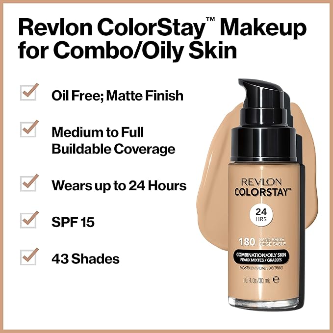 Revlon Liquid Foundation, ColorStay Face Makeup for Combination & Oily Skin, SPF 15, Longwear Longwear Medium-Full Coverage with Matte Finish, Natural Tan (330), 1 fl oz