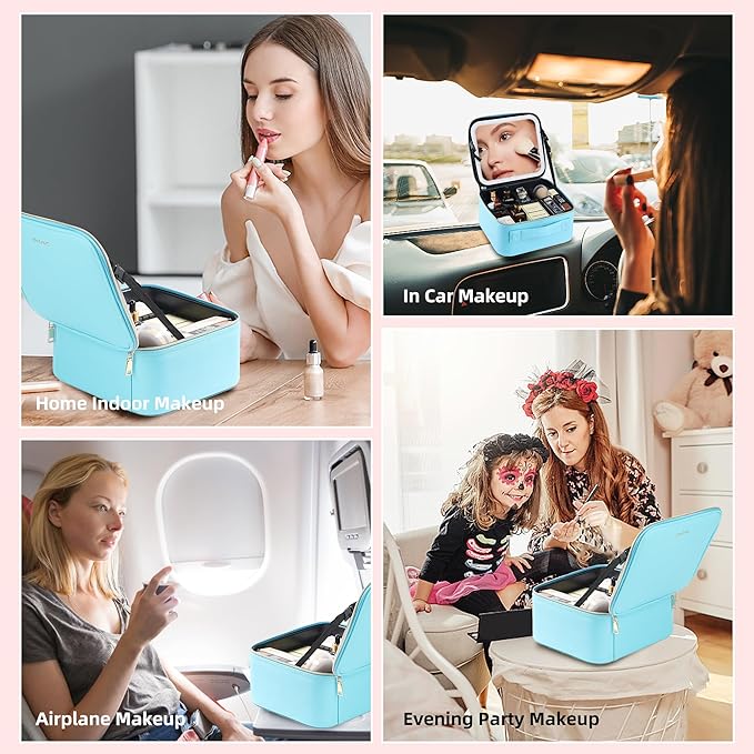 Travel Makeup Bag with LED Mirror – Waterproof Cosmetic Train Case with Adjustable Dividers, Portable Makeup Organizer and Toiletry Bag for Women, Teens & Girls Gift, Blue