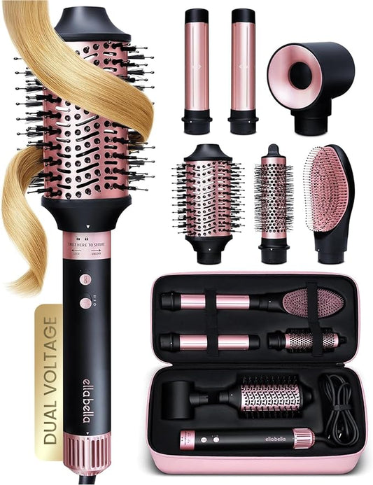 ELLA BELLA® 6 in 1 Professional Hot Air Styler Dual Voltage • Powerful Hair Dryer & Straightener Set • Styling Without Heat Damage • Fast Drying Curling Volumizing Straightening • with Travel Case