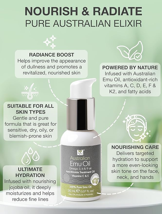 Australian Emu Oil with Vitamin E & C - 50mL Skin Brightener Serum for Face & Body to Reduce Visible Signs of Aging, Spots & Sun Damage - Antioxidant w/Omega 3 6 9 & Essential Oils by Y-Not Natural