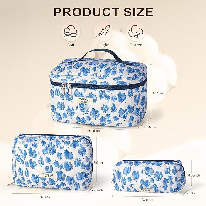 TOPEAST Makeup Bag for Women Girl, 3Pcs Large Cotton Travel Make up Bags with Zipper, Cute Quilted Floral Cosmetic Organizer Potable Brushes Toiletry Bag Set, Blue Floral
