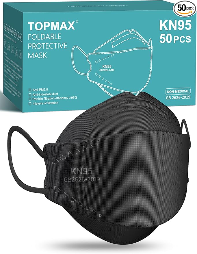 TOPMAX KN95 Face Masks 50 Pack for Adults, Breathable and Comfortable KN95 Mask with Elastic Ear Loop, Filter Efficiency≥95%, Black