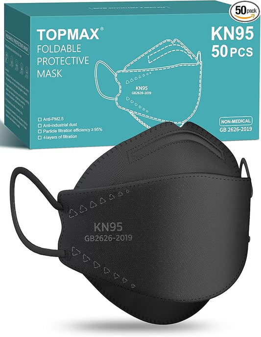 TOPMAX KN95 Face Masks 50 Pack for Adults, Breathable and Comfortable KN95 Mask with Elastic Ear Loop, Filter Efficiency≥95%, Black