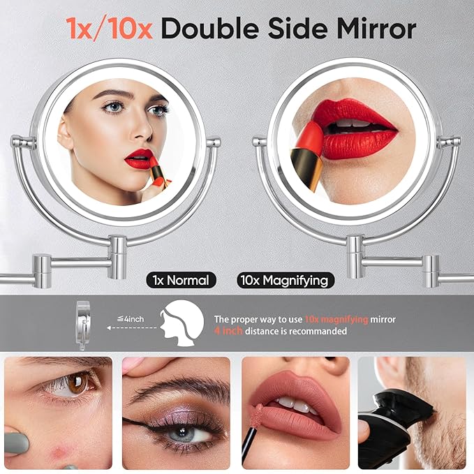 GURUN 8.5 Inch Magnifying Makeup Mirror with 3 Tones Dimmable LED Lights Double Sided Touch Control Rechargeable Vanity Mirror for Bathroom with 10X Magnification M1809DC-T (Chrome/10X)