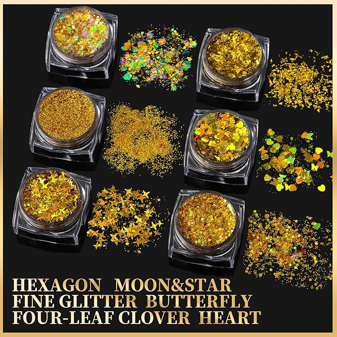 Teenitor Face Glitter Body Glitter, Gold Body Glitter Gel, Hair Glitter Gel, 6 Shapes Rave Glitter, Festival Makeup Glitters Gel, Chunky Sparkling Glitter Gel for Face, Body, Hair