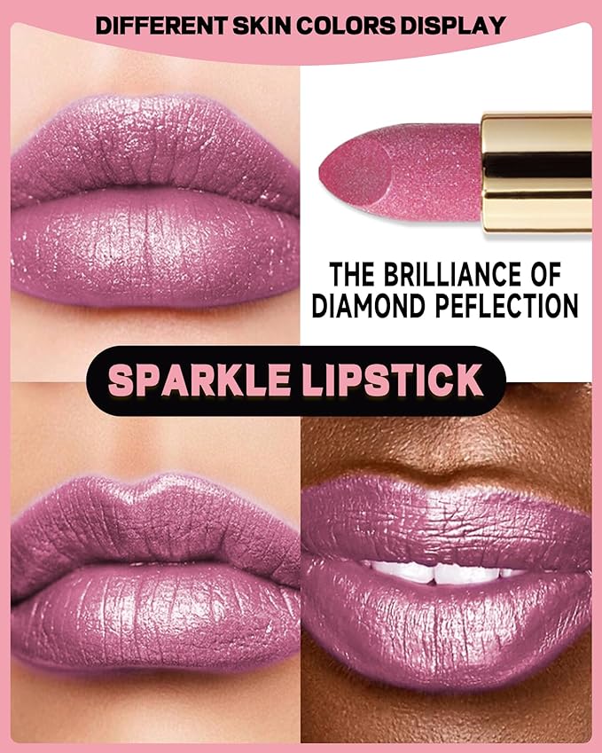 Metallic Nude Pink Glitter Lipstick Long Lasting,Glitter Lipstick Diamond Shimmer Lip Gloss for Women,Transfer Proof Non-Stick Lipgloss Highly Pigmented Full Coverage Red Lip Color Makeup Gift-02