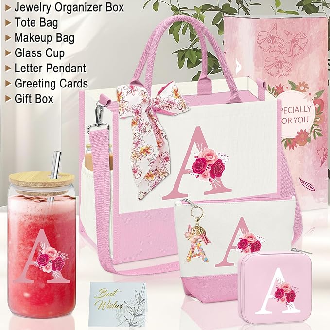 Initial Canvas Tote Bag,Birthday Gifts for Women,Monogrammed Gift for Women,16oz Glass Cup,Personalized Gifts for Mom,Initial Makeup Bag,Unique Gift for Mom Sister Bestie-A