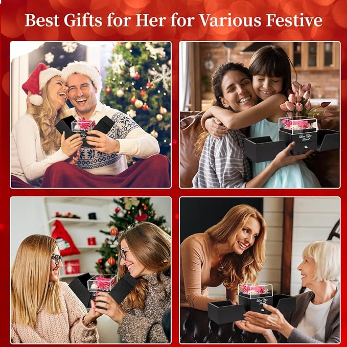 Preserved Pink Real Rose with Heart I Love You Necklace -Eternal Flowers Rose Birthday Gifts for Her Mom Wife Girlfriend Grandma on Valentines Mothers Day Christmas Anniversary Romantic-Pink