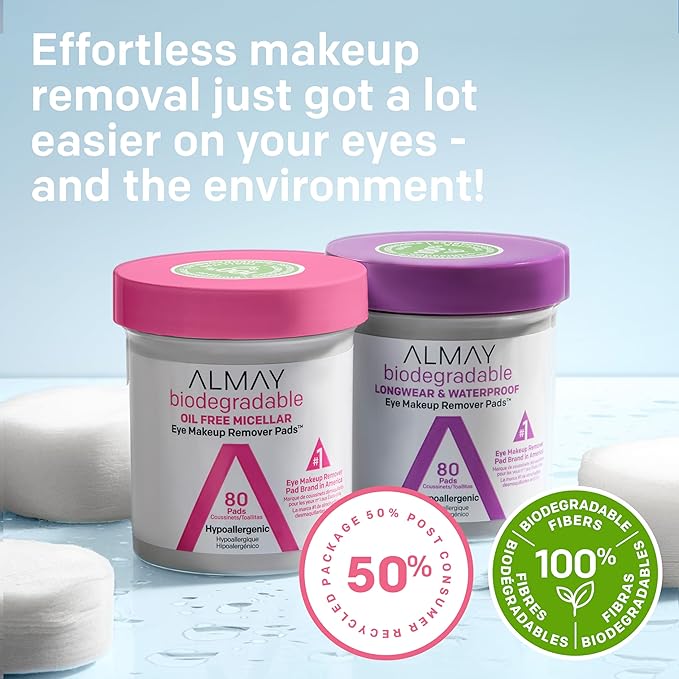 Almay Biodegradable Makeup Remover Pads, Longwear & Waterproof, Hypoallergenic, Fragrance-Free, Dermatologist & Ophthalmologist Tested, 2 pack