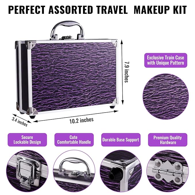 Makeup Kit for Teen Girls & Women Full Kit, Beauty Train Case with Starter Cosmetic Set, Make Up Christmas Gift Box with Eyeshadow,Lipgloss,Highlighter,Blush,Lip&Eye Pencils,Brush & More(Purple)