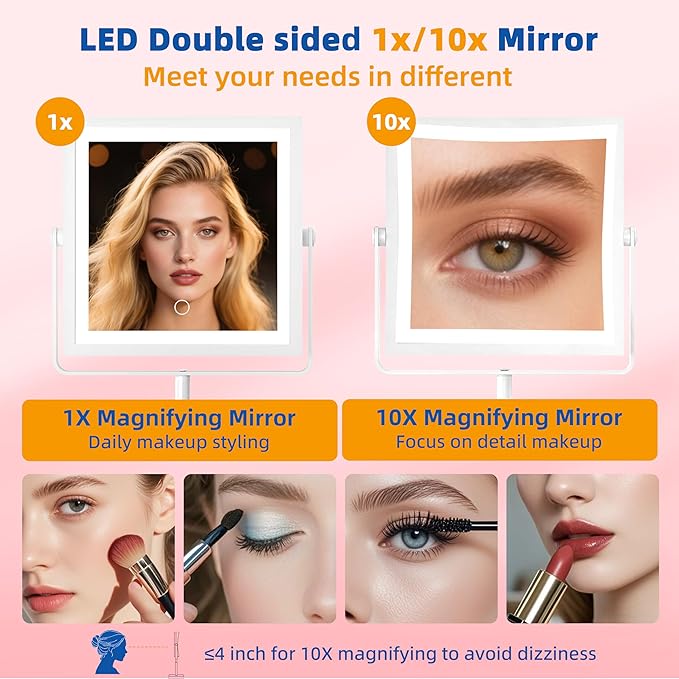 Ruacq Rechargeable Makeup Mirror, 4000mAh Lighted Makeup Mirror with Magnification 1X/10X, Height Adjustable Vanity Mirror with Lights, 3 Color Lights, Adjustable Brightness, 360°Rotation (White)