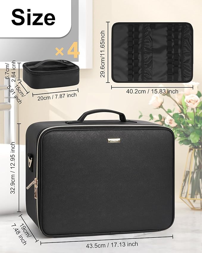 Relavel Extra Large Makeup Case Professional Cosmetic Storage Organizer Box Brush Holder with 4 Clear Set Bags for Makeup Artists with Shoulder Strap & Adjustable Dividers, Leather Black
