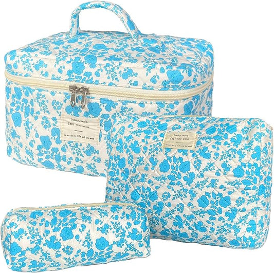Lake Blue Large Quilted Floral Makeup Bag Set of 3 Cute Coquette Aesthetic Cosmetic Bag Set Travel Toiletry Bag for Women