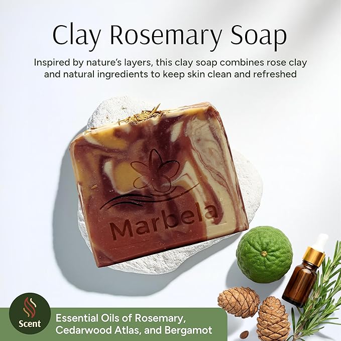 Marbela Cosmetics Clay and Rosemary Handmade Soap Bar - Made in USA, Vegan Friendly, Palm Oil Free, Natural Bar Soap - Gentle Face & Body Soap for Daily Skin Care, Moisturizing & Nourishing - 3.5 oz