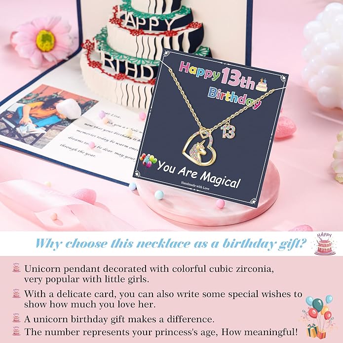 Hidepoo Birthday Unicorns Gifts for Girls - Unicorn Necklace Birthday Gift for 3-16 Year Old Girl Colorful CZ Heart Pendant Unicorn Necklace for Girls Gifts Jewelry