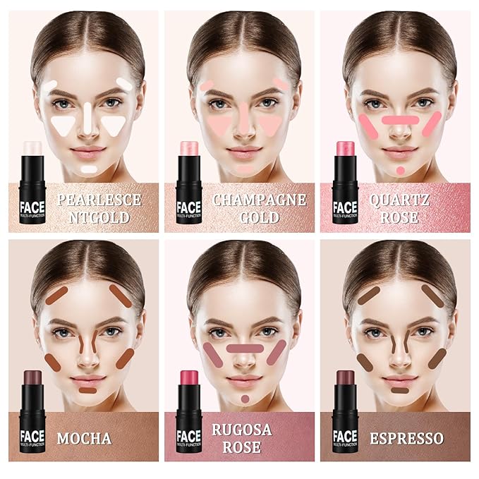 6PCS Face Contour Stick Makeup Kit,Shades with Highlighter Makeup,Blush for Cheeks and Bronzing Stick,Perfect to Sculpt the Face,Waterproof Lightweight Contour Kit with Make Up Sponges
