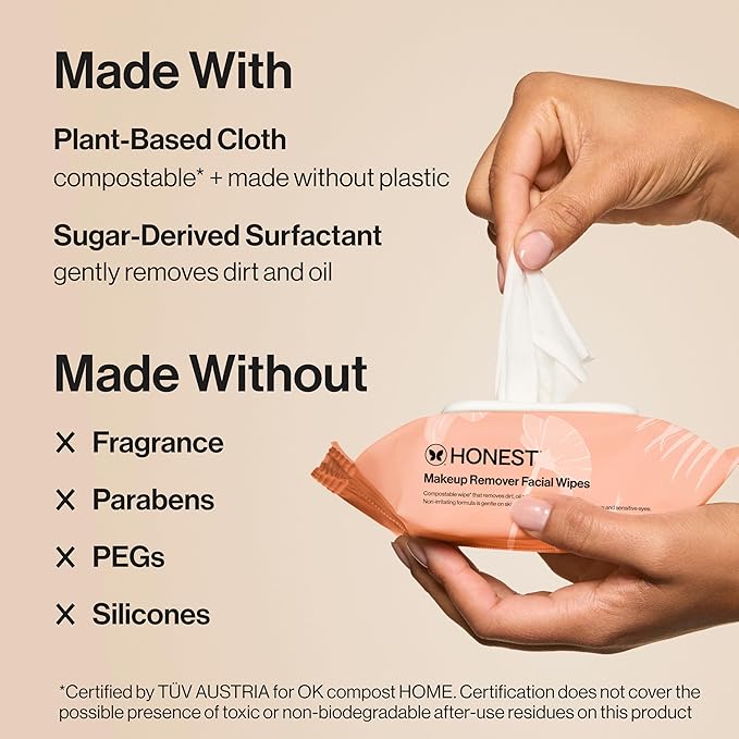 Honest Beauty Fragrance Free Cleansing Makeup Remover Facial Wipes | Plant Based, Hypoallergenic, Gentle for Sensitive Skin | 90 Count