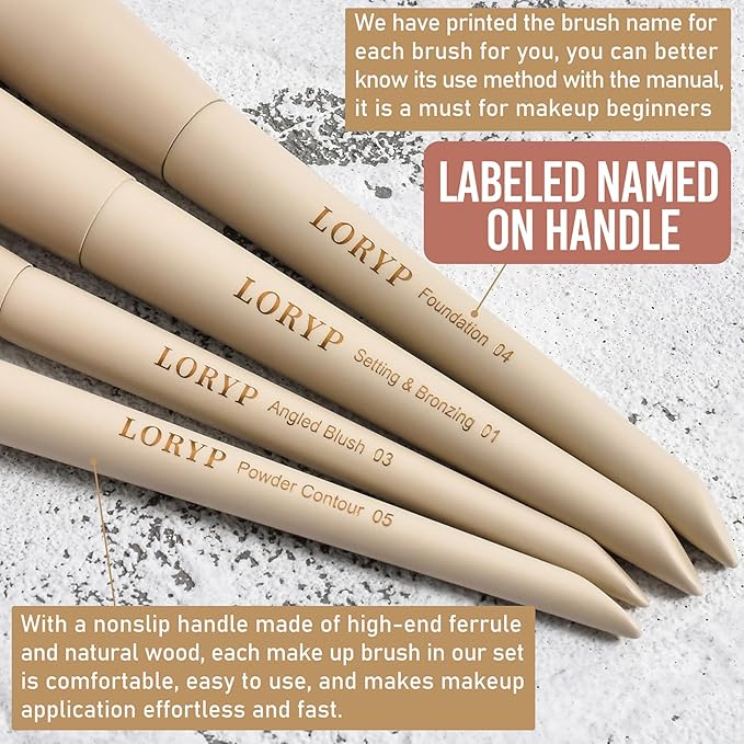 LORYP Makeup Brushes Set Labeled 18 Piece Face and Eye Brush Set Ultra soft hair Foundation, Concealer, Blush, Contour, Blending, Eyeshadow Khaki Brush kit