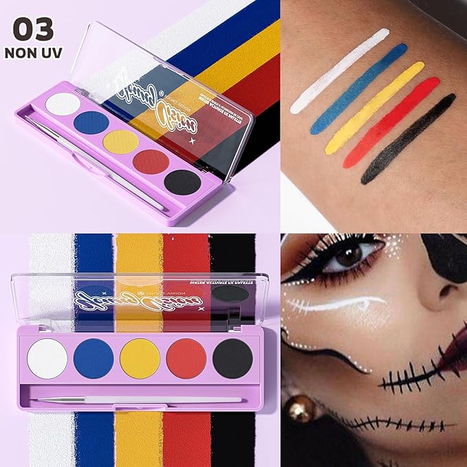 YOUNG VISION 2-PACK Water-Activated Face & Body Paint Palette Set – Neon Fluorescent, Glow Under UV and Blacklight, FX Makeup for Face Painting, Blacklight Glow, Eyeliner, and Body Art