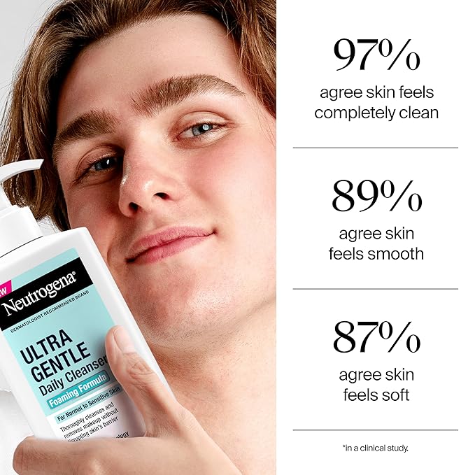 Neutrogena Ultra Gentle Foaming Facial Cleanser, Fragrance Free Hydrating Face Wash for Sensitive Skin, Daily Non Over Drying Makeup Remover, Hypoallergenic, Soap & Dye Free, Non-Comedogenic, 16 Fl Oz