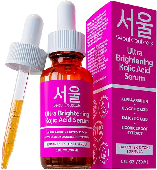 SeoulCeuticals Korean Skin Care Kojic Acid Serum Alpha Arbutin – Dark Spot Remover Corrector Glycolic Acid + Salicylic Acid K Beauty 1oz