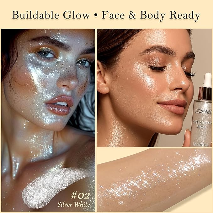 Liquid Glitter Highlighter Glow Drops – Face Highlighter & Body Shimmer Makeup, Illuminating Radiant Glow for Festival Rave Party, Long Lasting 02 Silver Fairy White