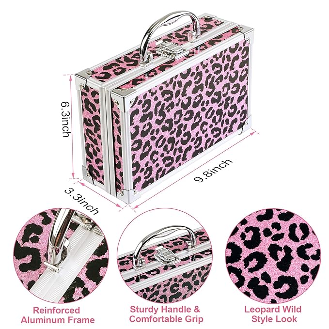 Anpro All-In-One Makeup Carry Case with Pro Teen Makeup Set, Full Starter Cosmetics Kit with Makeup Brushes, Lipsticks, Eye Shadows Palette, Blushes, Glitter Gel-Pink Leopard