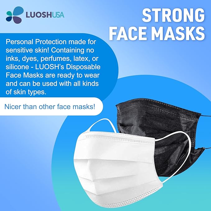 Luosh Face Masks Disposable Made in USA, 3 Ply Disposable Masks 50pcs,Adult Mask, Kids Mask, Black Masks, White Masks
