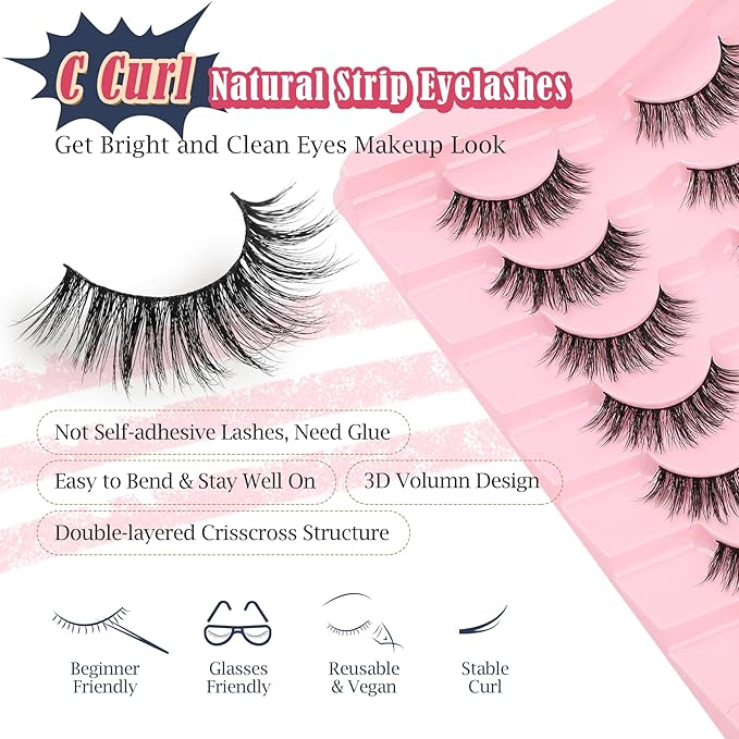 False Lashes Wispy Eyelashes Natural Look 15MM Fake Eyelashes 0.1MM Thin Band Strip Lashes Lightweight False Eyelash 3D Volume Fluffy Eye Lash C Curl Soft Siligli 7 Pair