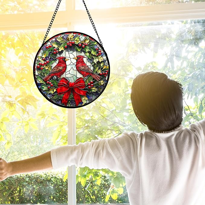 Stained Glass Window Hanging - Cardinals Green Wreath Suncatcher for Doors Home Christmas Decoration Red Bird Sun Catcher Thanksgiving New Year Birthday Gift for Women Men Mom Nana 7.8 in