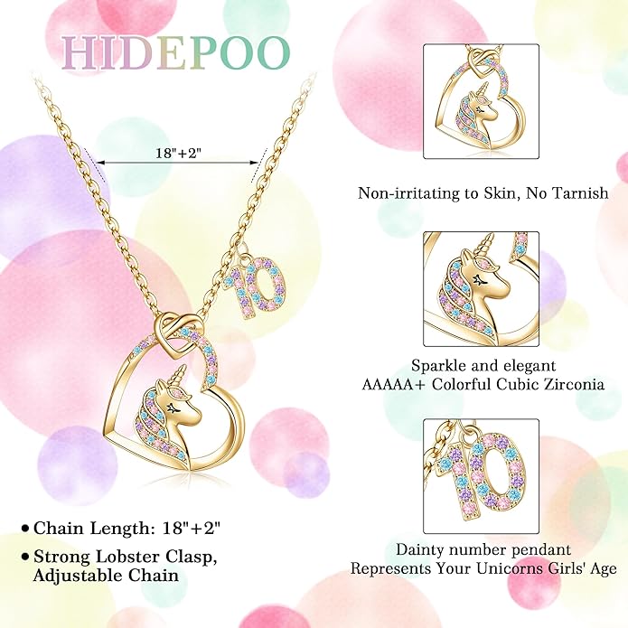 Hidepoo Birthday Unicorns Gifts for Girls - Unicorn Necklace Birthday Gift for 3-16 Year Old Girl Colorful CZ Heart Pendant Unicorn Necklace for Girls Gifts Jewelry