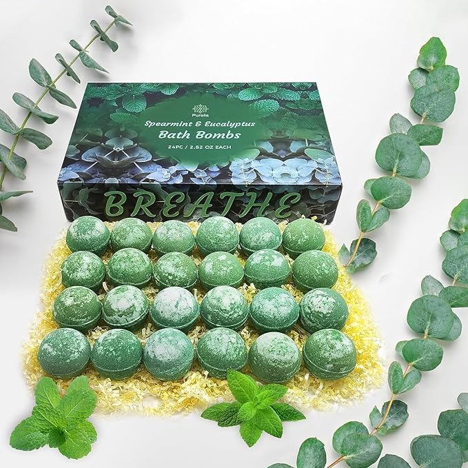 Purelis Handmade 24-Pack Spearmint & Eucalyptus Bath Bombs - Natural Moisturizing Aromatherapy Bath Bombs for Men and Women