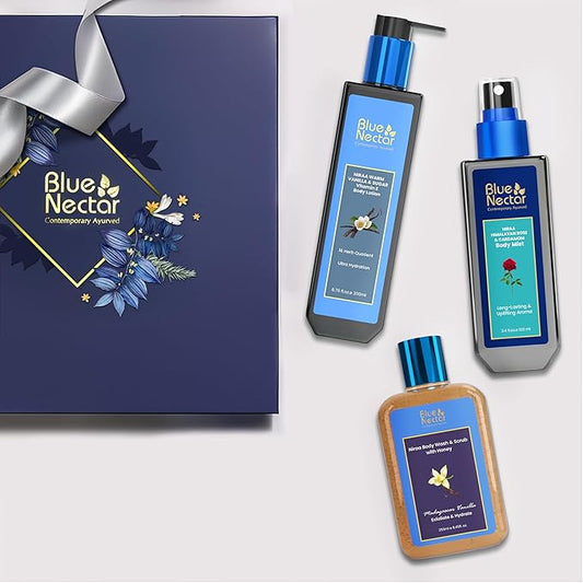 Premium Ayurvedic Beauty Gift Set for Women & Men | Blue Nectar Vanilla Lotion, Body Wash & Scrub & Body Mist with Herbal Ingredients | Ideal Gift for Mom,Dad, Girlfriend & Coworkers