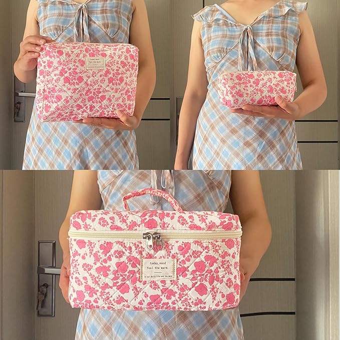 Pink Large Quilted Floral Makeup Bag Set of 3 Cute Coquette Aesthetic Cosmetic Bag Set Travel Toiletry Bag for Women