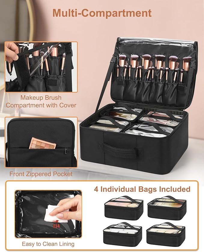 Relavel Makeup Backpack Extra Large Travel Train Case Professional Makeup Artist Kit Set Bag with 4 Clear Bags, Brush Storage Organizer Box with Dividers for Cosmetic Hair Tools Barber Supplies, Black