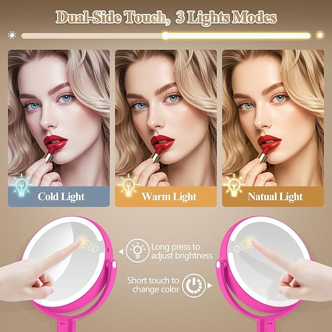 Makeup Mirror with Lights, Double Sided 1x/20x Magnifying Mirror with Light, Rechargeable 3 Color Lights and Adjustable Brightness, 360° Rotation Detachable Comes with Tweezer(Hotpink)
