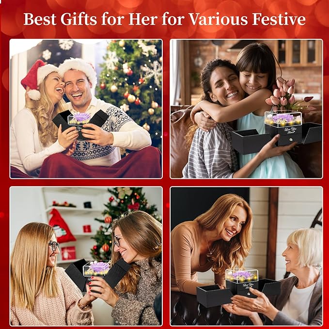 Preserved Light Purple Real Rose with Heart I Love You Necklace -Eternal Flowers Rose Birthday Gifts for Women Her Mom Wife Girlfriend Grandma on Valentines Mothers Day Christmas Anniversary