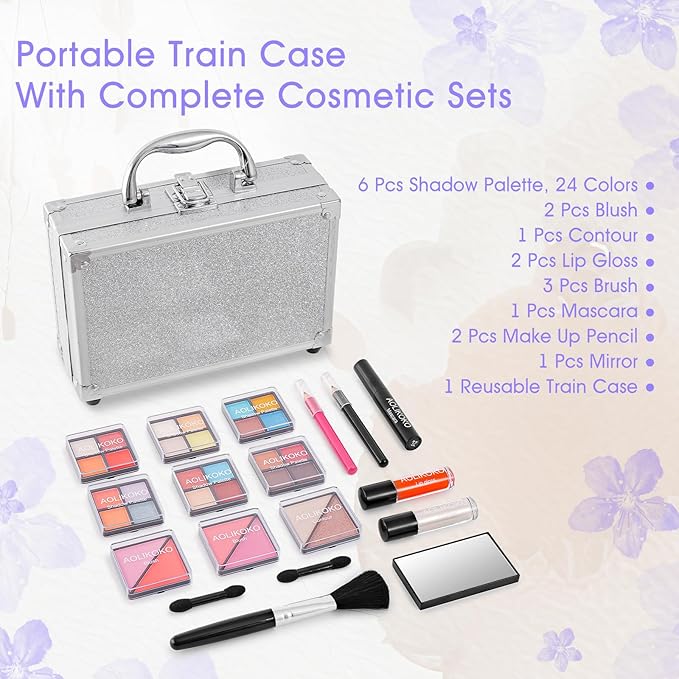 Makeup Kit for Teenager & Women Full Kit, All in One Makeup Set With The Small Cosmetic Train Case, Professional Makeup Kit, Makeup Gift Set for Women Girls (silver)