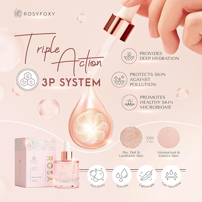 RosyFoxy Rosa Hyaluronic Acid Serum for Face, Rejuvenating Collagen Serum for Fine Lines and Wrinkles, Hydrating, Even Toning, Suitable for All Skin Type including Sensitive - 30 mL - Made in Korea