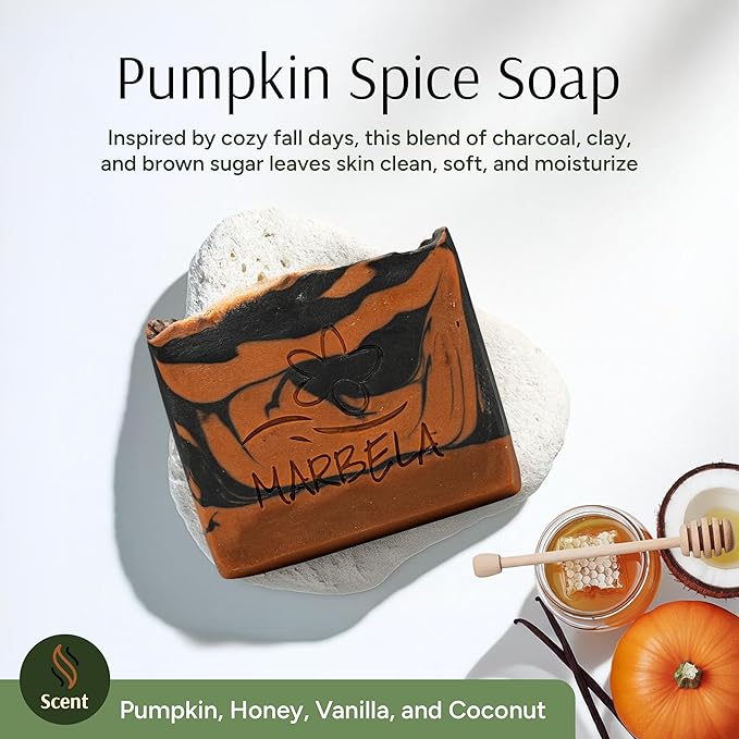 Marbela Cosmetics Pumpkin Spice Handmade Soap Bar - Made in USA, Vegan Friendly, Palm Oil Free, Natural Bar Soap - Gentle Face & Body Soap for Daily Skin Care, Moisturizing & Nourishing - 3.5 oz