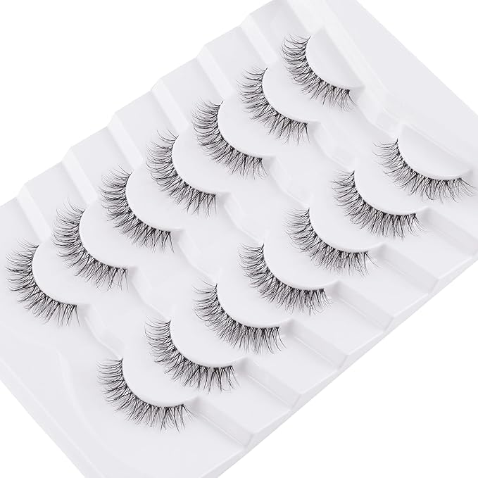 Natural Lashes False Eyelashes 12 MM Short Lashes WIspy 3D Volume Fake Eyelashes Pack C Curl Soft Eye Lash Strips with Thin Cotton Band 7 Pair False Lashes Siligli
