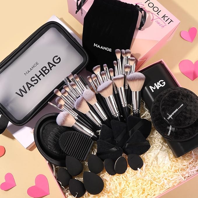 MAANGE Makeup Brush Set 51 PCS Professional Makeup Brushes for Foundation Powder Concealers Eye shadows Blending Blush Travel Make up Brush Kit (Black Silver)
