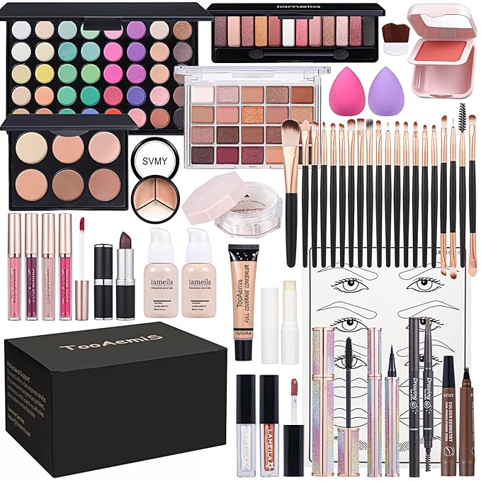Makeup Kit for Women Full Kit、 Makeup Gift Set for Beginners Teenager，Makeup Sets for Teens、 Multipurpose Makeup ，eyeshadow、 liquid foundation,Loose powder,Eyebrow pencil,4-color lip gloss set