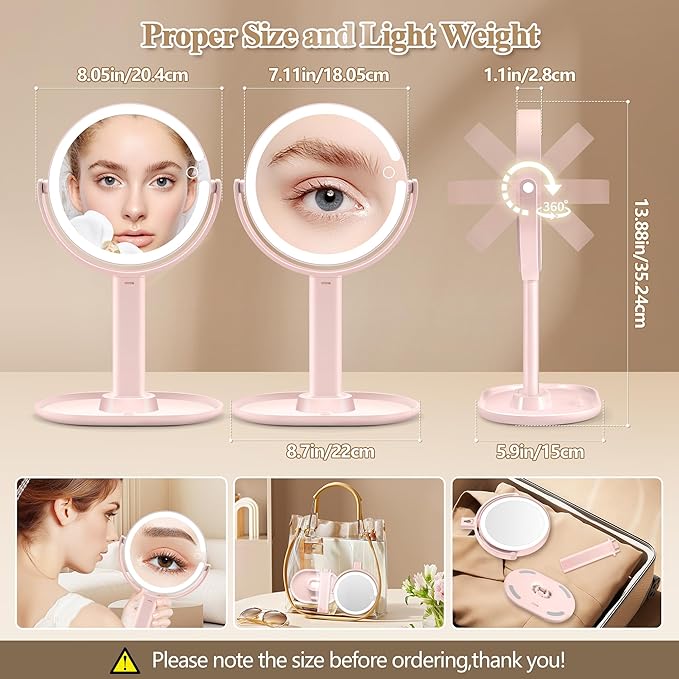 Makeup Mirror with Lights, Double Sided 1x/30x Magnifying Mirror with Light, Rechargeable 3 Color Lights and Adjustable Brightness, 360° Rotation Detachable Comes with Tweezer(Pink)