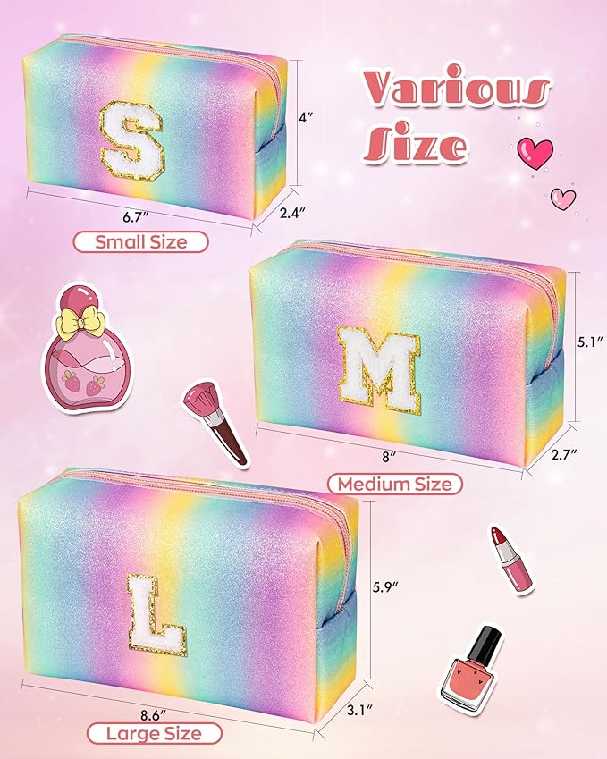 Makeup Bag with Initials, Birthday Gifts Bag for 4 5 6 7 8 9 10 11 12 Year Old Girls, Preppy Toiletry Bag, Monogrammed Zipper Pouch, Cute Letter Girly Stuff for Daughter Granddaughter (Medium)