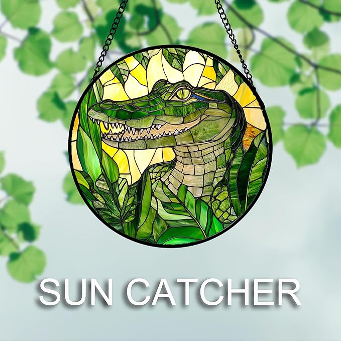 Stained Glass Window Hanging 4 Pcs Set Green Plants Animals Theme Large 15" - Bird Tiger Suncatcher Door Garden Sun Catcher Decor Birthday for Mom Woman Nana Men Friend