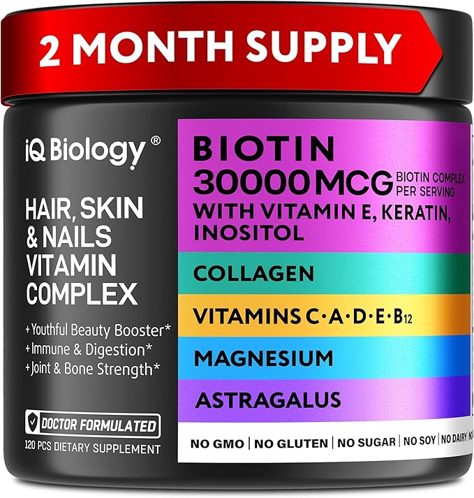 Biotin for Hair Growth Women & Men with Keratin, Collagen Complex 30000 mcg – Capsules for Hair Loss & Stronger Thickness – Skin & Nails Vitamins, Biotin 10000mcg and Collagen Supplements - 120 Pills