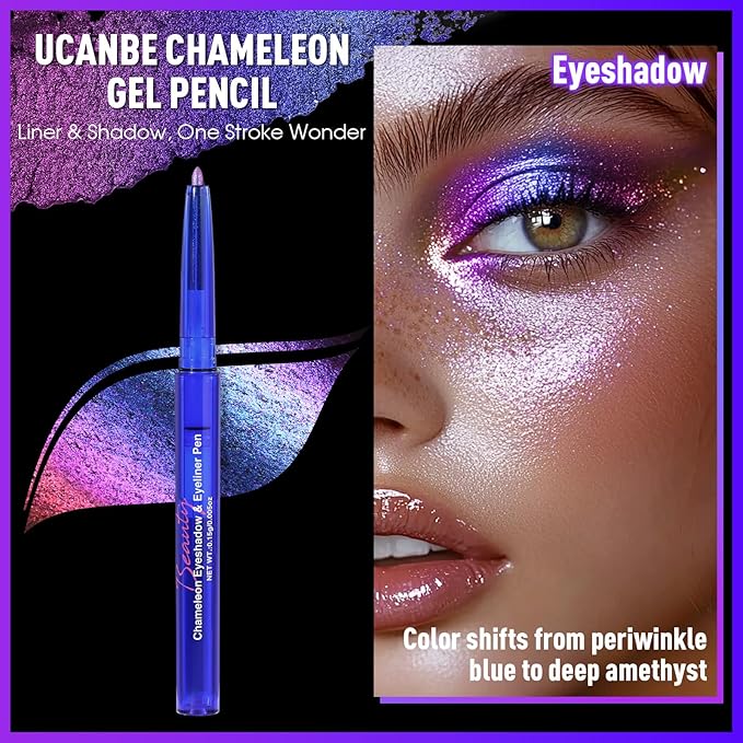 UCANBE Chameleon Eyeshadow & Eyeliner Gel Pencil-Multichrome Shifting Colors Metallic Glitter Eye Makeup,Waterproof Long-Lasting Smudge-Proof Multi-Dimensional Color (Periwinkle Blue to Deep Amethyst)