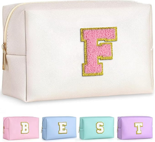 TOPEAST Preppy Makeup Bag, Small Cosmetic Travel Bags for Women, PU Leather Waterproof Toiletry Bag with Zipper, Personalized Birthday Gift for Women Girl, Preppy Gifts for Girl (Pearly White F)