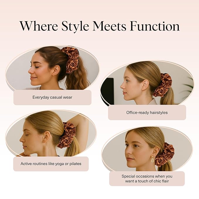 Kitsch Recycled Satin Ruffle Scrunchie – Gentle Hair Scrunchie for Women, Eco-Friendly Hair Tie No Damage, Stylish Ponytail Holder | Ideal Gifts for Women - Camel